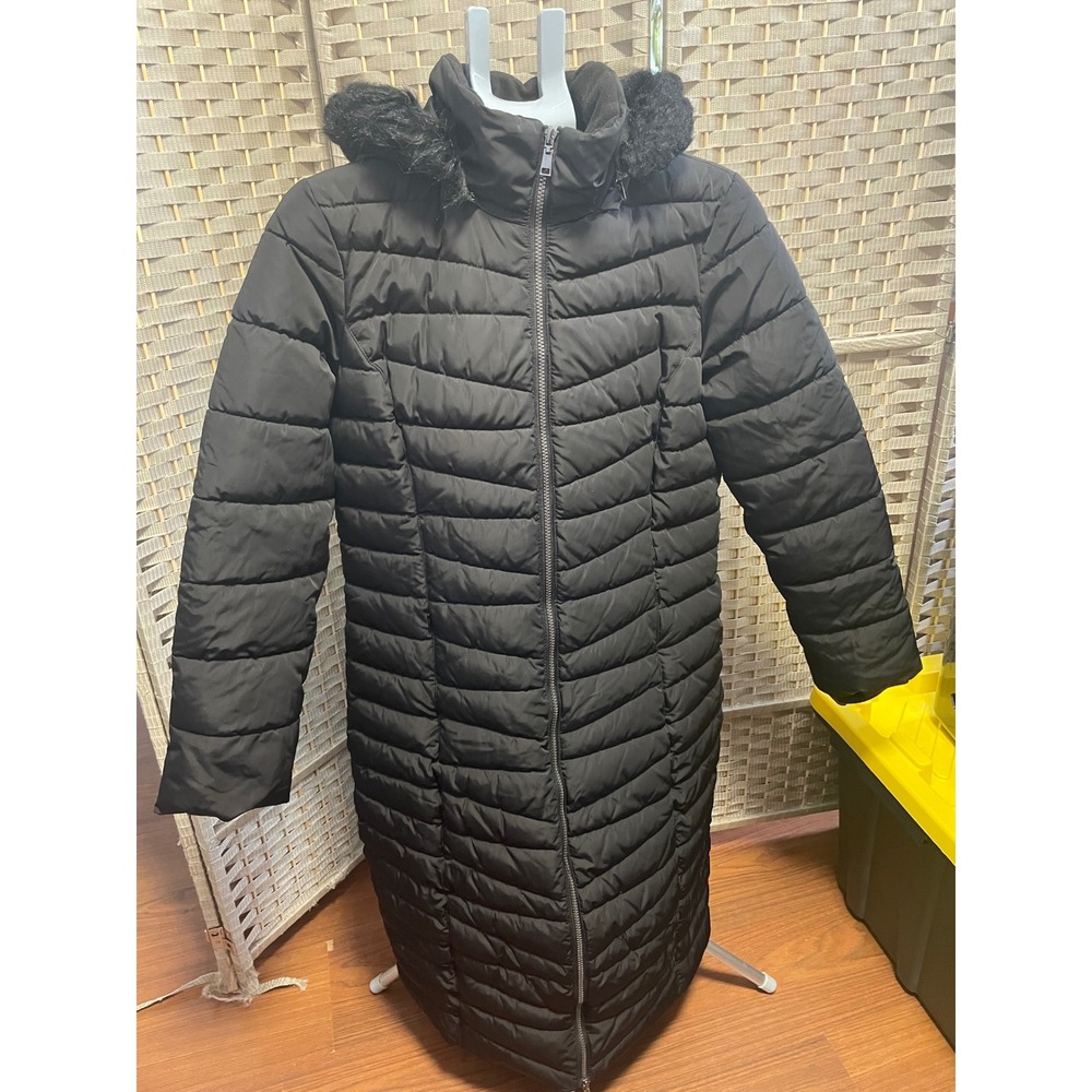 Womens Bass Black Longline Puffer Coat Faux Fur Trim Hooded Quilted Parka Size
